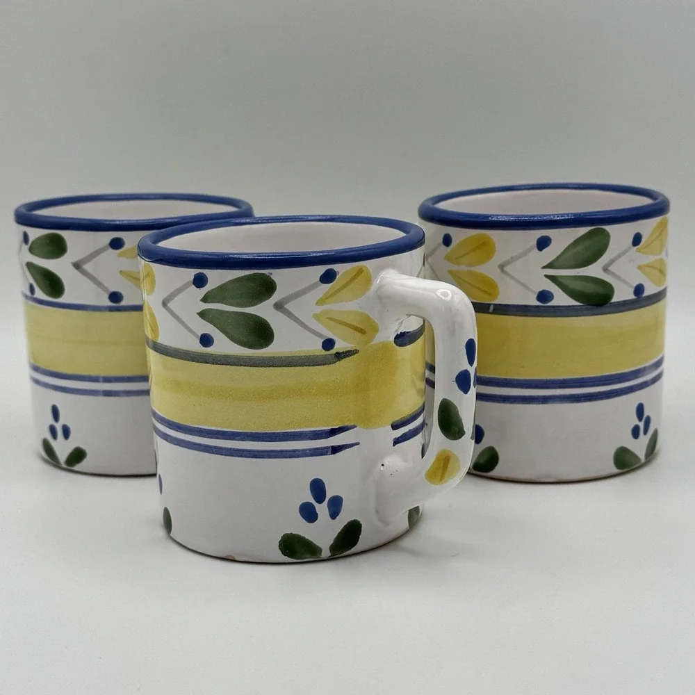 Pier 1 Solimar Mug Set‎ 3 Hand Painted Tunisia Blue Yellow Mediterranean Floral